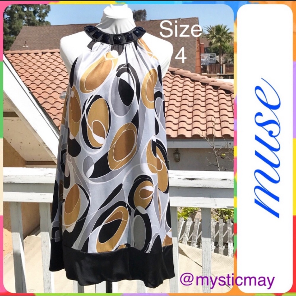 MUSE Retro 60s Vibe Silver & Gold Abstract Print Silk Halter Mini Dress Size 4